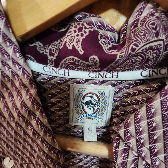 Cinch Mens Small Western Button-Up Shirt Diamond Print Burgundy/White Cotton - Picture 3 of 3